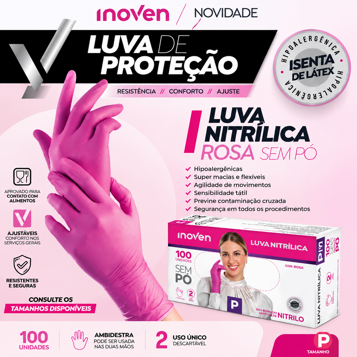 LUVA NITRILICA ROSA - M - CX