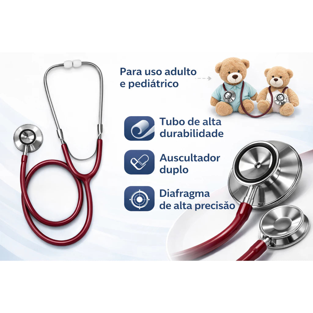Estetoscópio Duplo Adulto e Pediatrico cor Bordo Enfermagem Estudantes Saude com protetor anti-frio