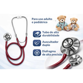 Estetoscópio Duplo Adulto e Pediatrico cor Bordo Enfermagem Estudantes Saude com protetor anti-frio
