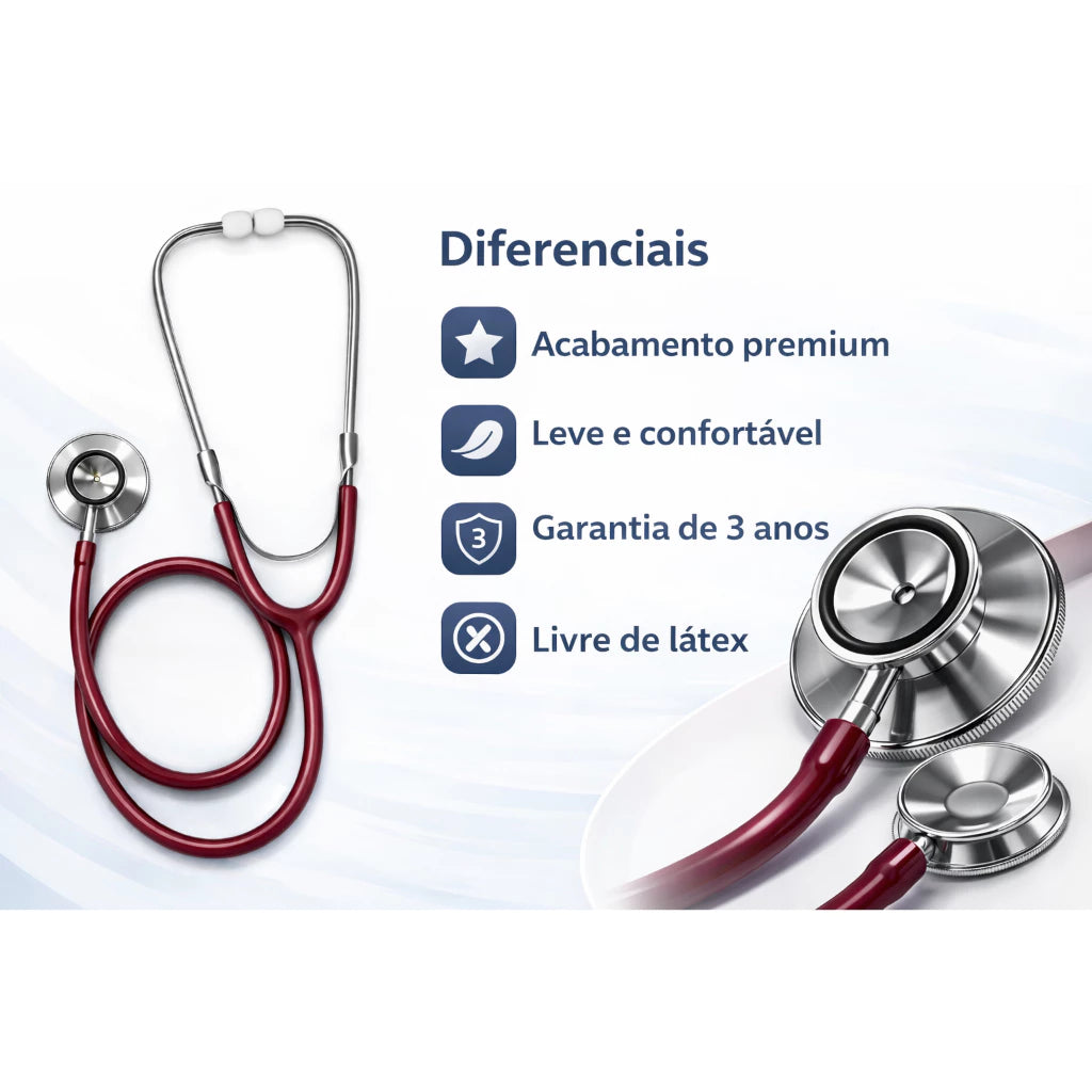 Estetoscópio Duplo Adulto e Pediatrico cor Bordo Enfermagem Estudantes Saude com protetor anti-frio