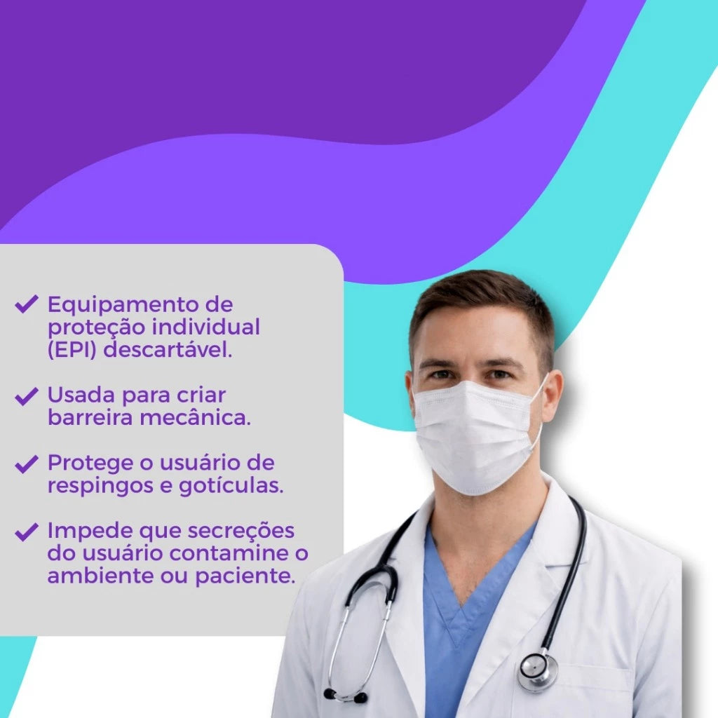 Máscara cirúrgica descartável tripla camada com elástico branca alta qualidade 50unid
